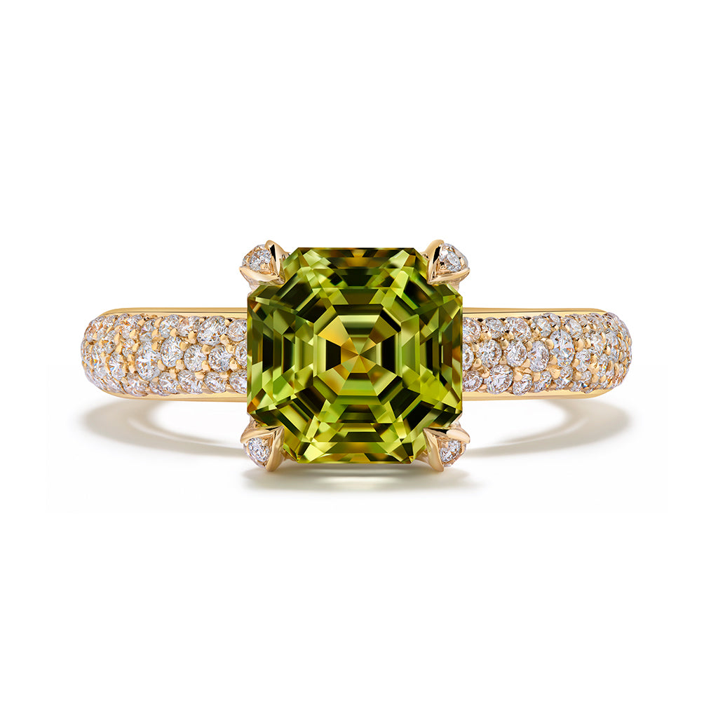 Neon Yellow Chrysoberyl Ring with D Flawless Diamonds set in 18K Yellow Gold