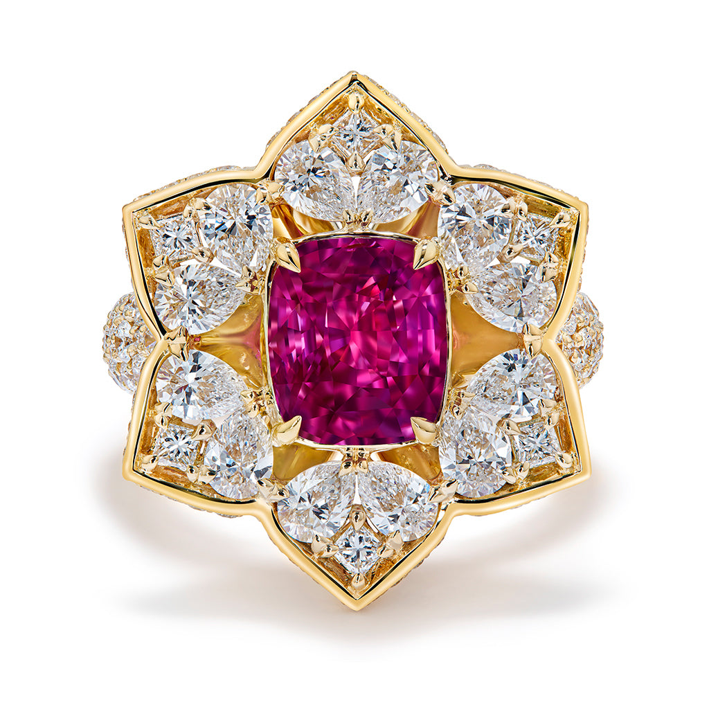 Unheated Ceylon Fuchsia Ruby Ring with D Flawless Diamonds set in 18K Yellow Gold