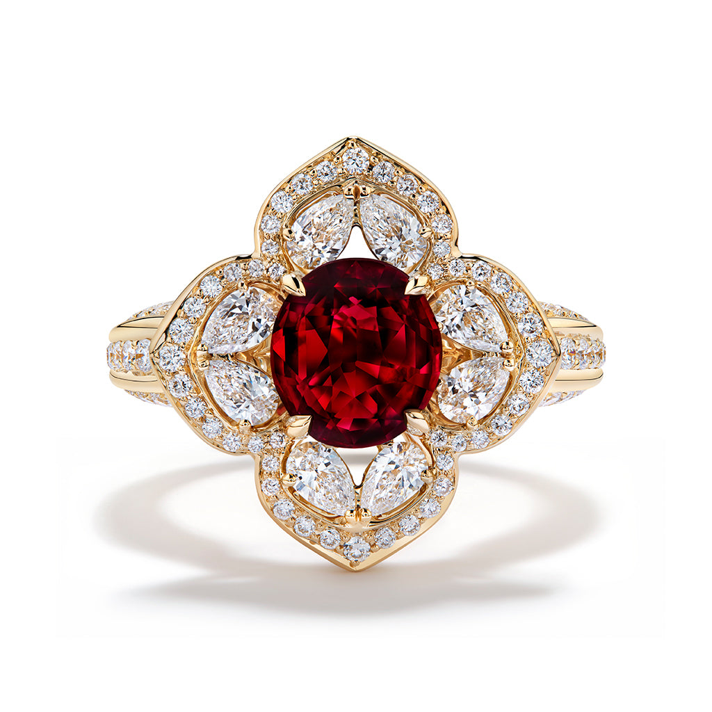 Unheated Pigeon Blood Ruby Ring with D Flawless Diamonds set in 18K Yellow Gold