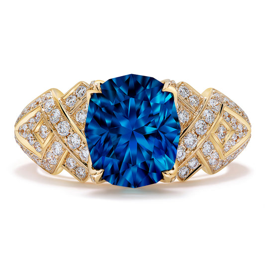 Blue Zircon Ring with D Flawless Diamonds set in 18K Yellow Gold