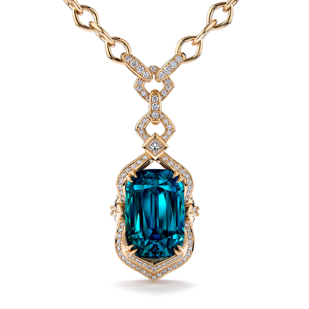 Blue Zircon Necklace with D Flawless Diamonds set in 18K Yellow Gold