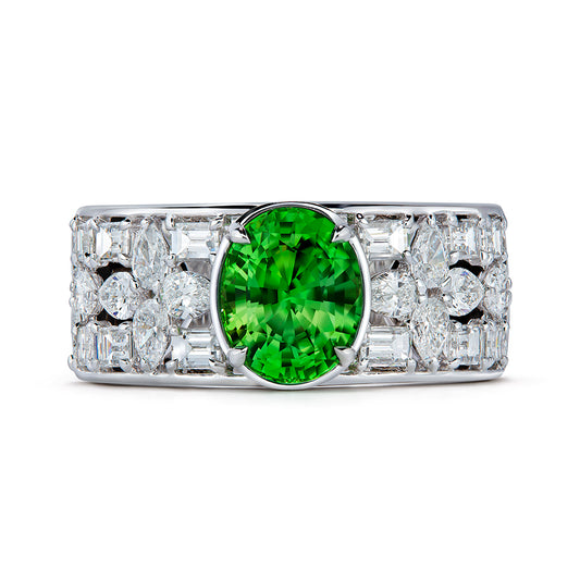 Neon Tsavorite Garnet Ring with D Flawless Diamonds set in 18K White Gold