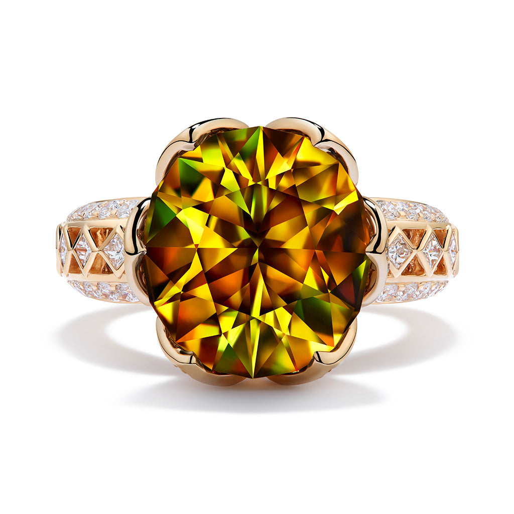 Sphene Ring with D Flawless Diamonds set in 18K Yellow Gold