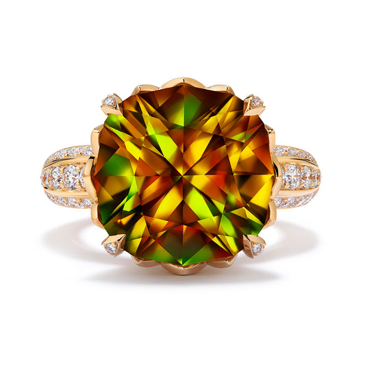 Sphene Ring with D Flawless Diamonds set in 18K Yellow Gold