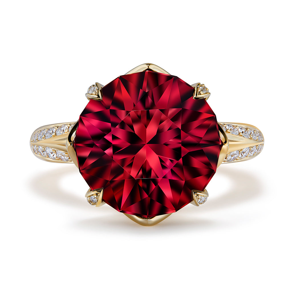 Australian Red Zircon Ring with D Flawless Diamonds set in 18K Yellow Gold