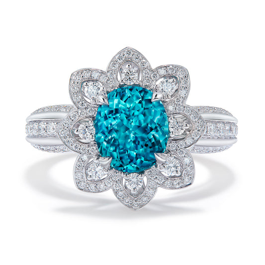 Neon Indicolite Tourmaline Ring with D Flawless Diamonds set in 18K White Gold