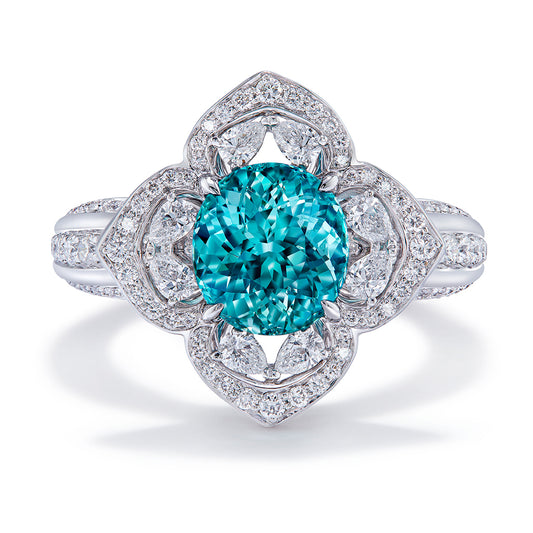 Neon Indicolite Tourmaline Ring with D Flawless Diamonds set in 18K White Gold