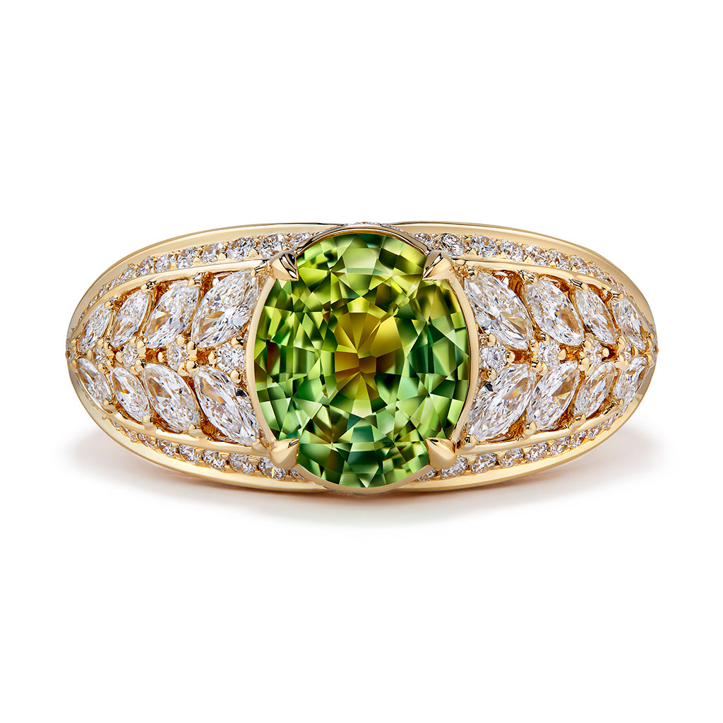 Neon Chrysoberyl Ring with D Flawless Diamonds set in 18K Yellow Gold