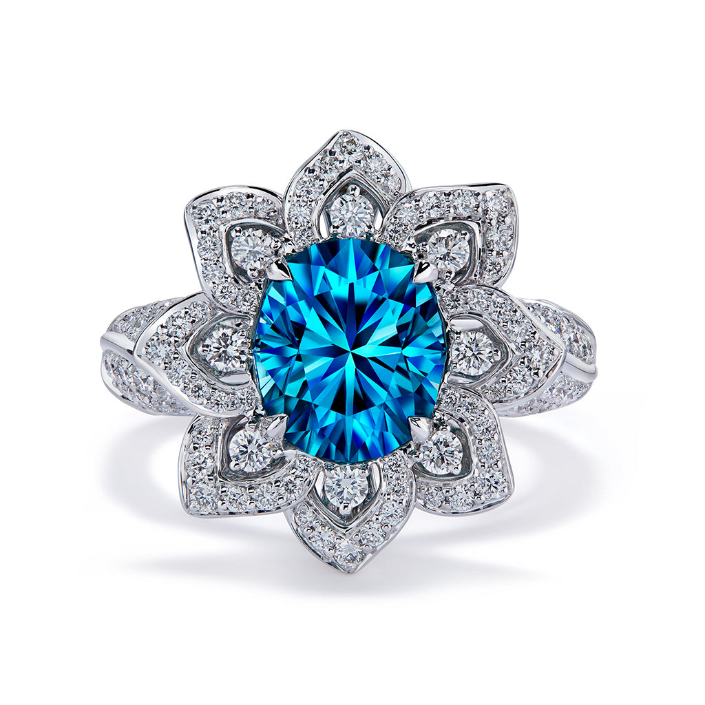 Blue Zircon Ring with D Flawless Diamonds set in 18K White Gold