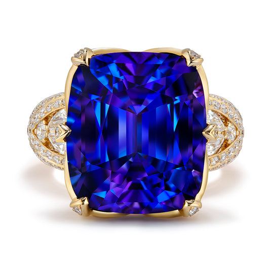 Vivid Blue Tanzanite Ring with D Flawless Diamonds set in 18K Yellow Gold