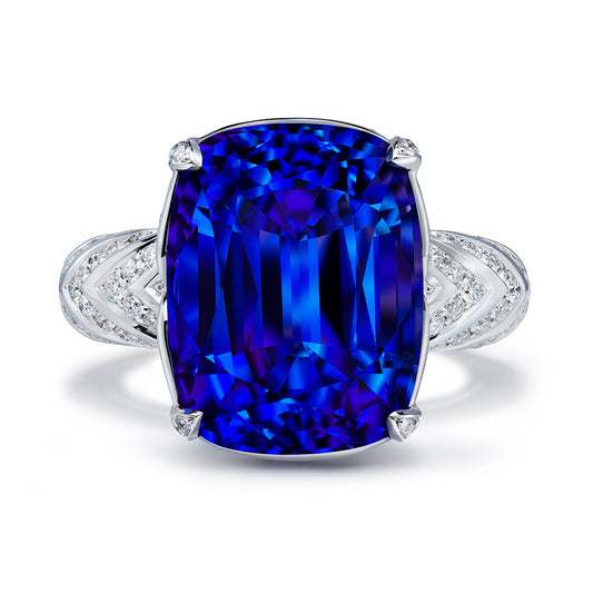 Vivid Blue Tanzanite Ring with D Flawless Diamonds set in 18K White Gold