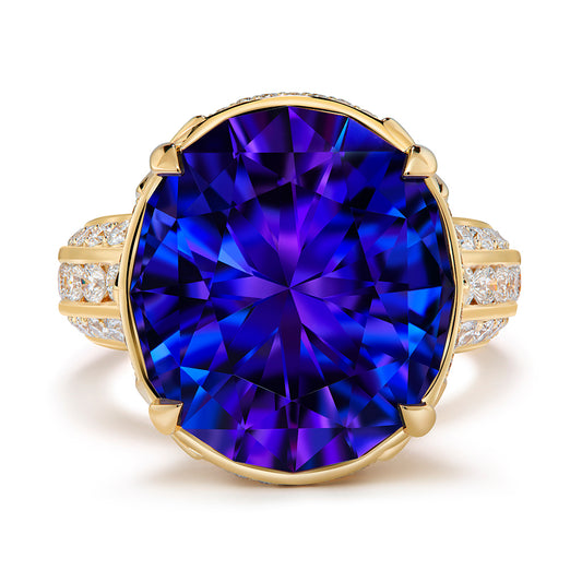 Vivid Blue Tanzanite Ring with D Flawless Diamonds set in 18K Yellow Gold