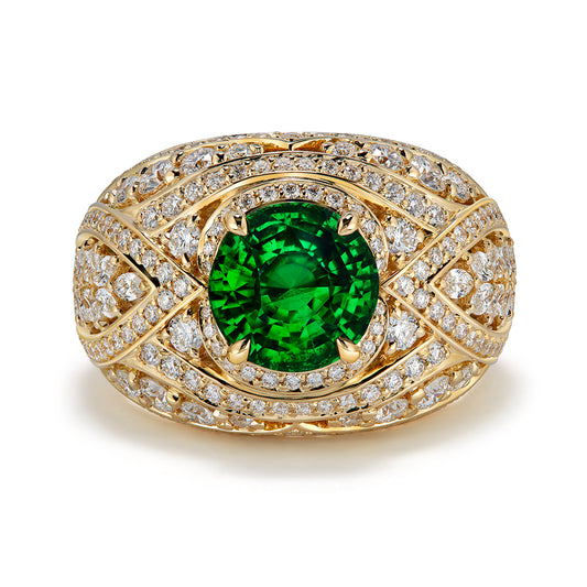 Vivid Green Tsavorite Garnet Ring with D Flawless Diamonds set in 18K Yellow Gold