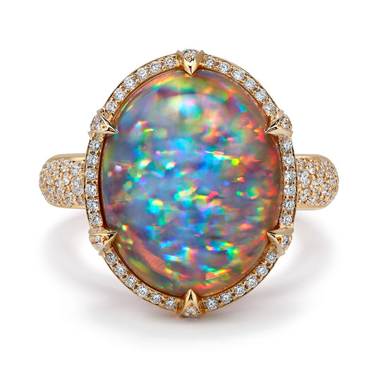 Indonesian Black Opal Ring with D Flawless Diamonds set in 18K Yellow Gold