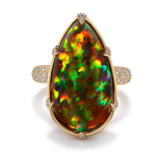 Indonesian Black Opal Ring with D Flawless Diamonds set in 18K Yellow Gold