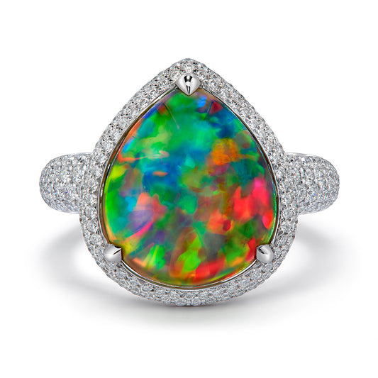 Indonesian Black Opal Ring with D Flawless Diamonds set in 18K White Gold