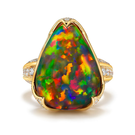 Indonesian Black Opal Ring with D Flawless Diamonds set in 18K Yellow Gold