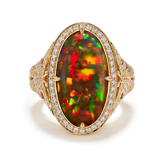 Indonesian Black Opal Ring with D Flawless Diamonds set in 18K Yellow Gold