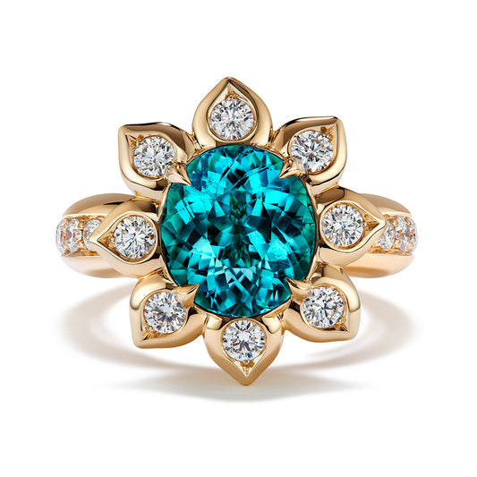 Neon Indicolite Tourmaline Ring with D Flawless Diamonds set in 18K Yellow Gold