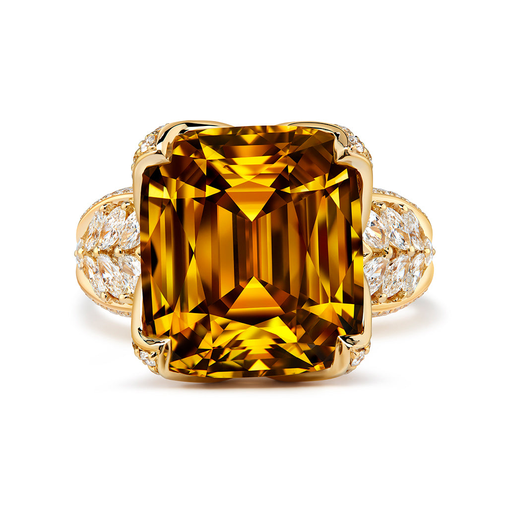 Ceylon Golden Zircon Ring with D Flawless Diamonds set in 18K Yellow Gold