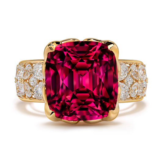 Neon Pink Garnet Ring with D Flawless Diamonds set in 18K Yellow Gold