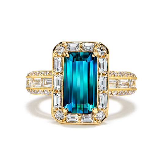 Indicolite Tourmaline Ring with D Flawless Diamonds set in 18K Yellow Gold