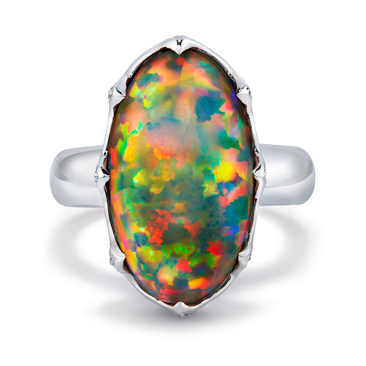 Indonesian Black Opal Ring with D Flawless Diamonds set in 18K White Gold