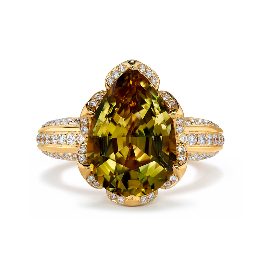 Andradite Garnet Ring with D Flawless Diamonds set in 18K Yellow Gold