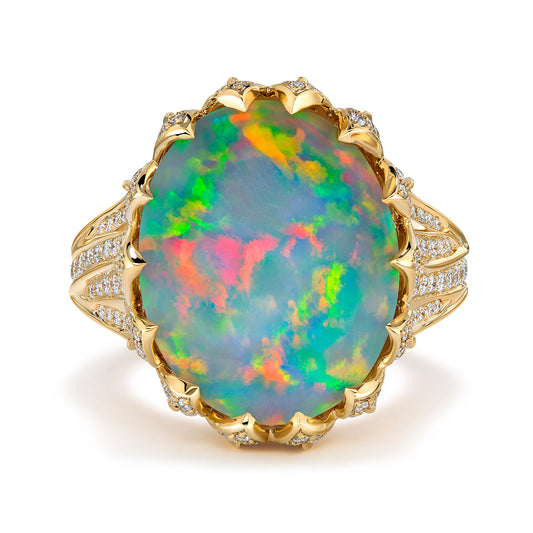 Indonesian Black Opal Ring with D Flawless Diamonds set in 18K Yellow Gold