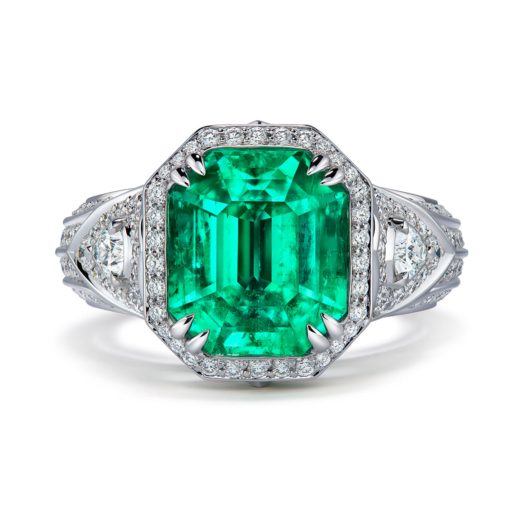 Muzo Colombian Emerald Ring with D Flawless Diamonds set in 18K White Gold