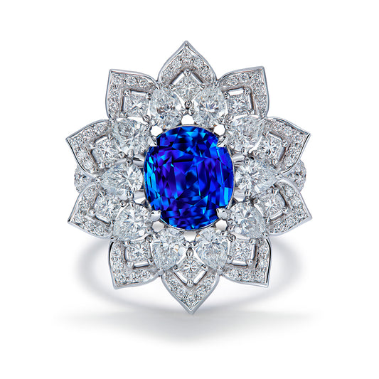 Unheated Burmese Cornflower Blue Sapphire Ring with D Flawless Diamonds set in 18K White Gold