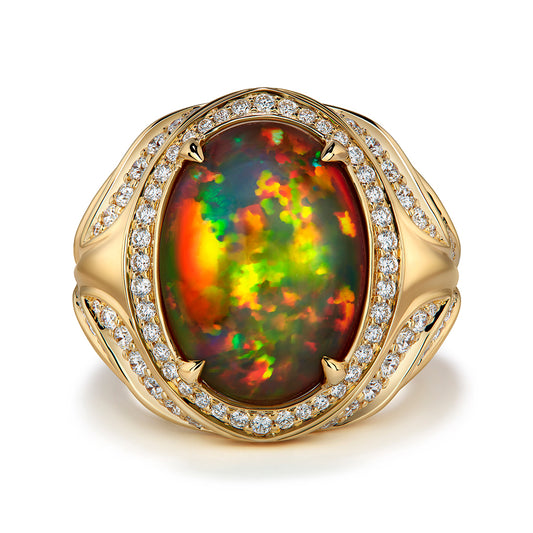 Indonesian Black Opal Ring with D Flawless Diamonds set in 18K Yellow Gold