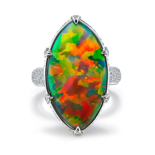 Indonesian Black Opal Ring with D Flawless Diamonds set in 18K White Gold