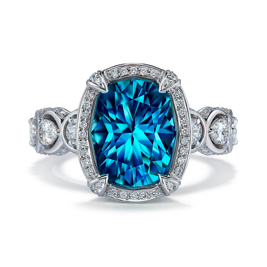 Blue Zircon Ring with D Flawless Diamonds set in 18K White Gold