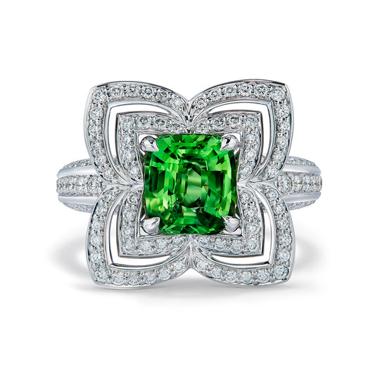 Tsavorite Ring with D Flawless Diamonds set in 18K White Gold