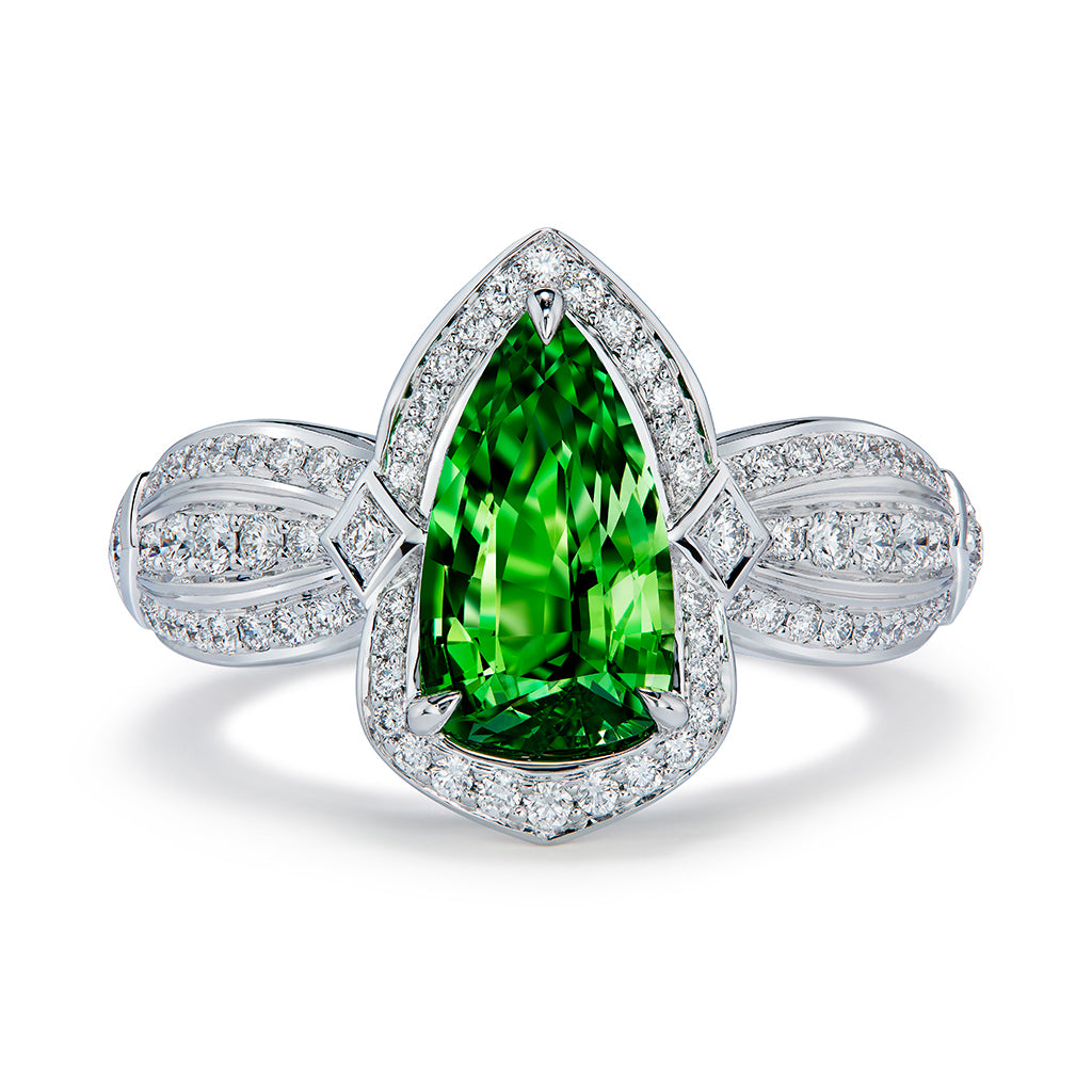 Tsavorite Ring with D Flawless Diamonds set in 18K White Gold