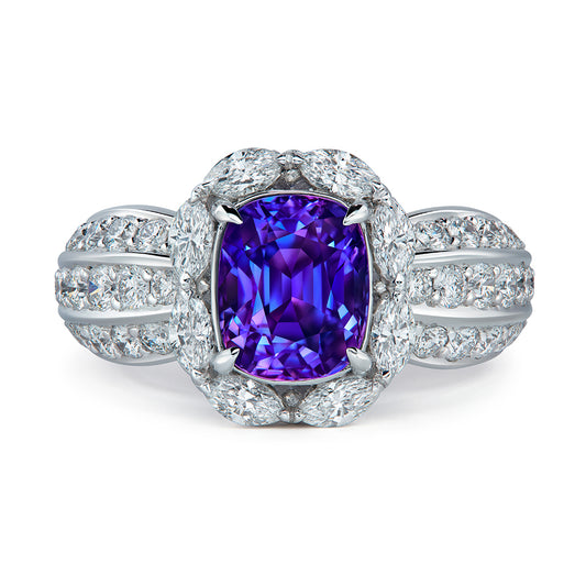 Unheated Vivid Ceylon Color Change Sapphire Ring with D Flawless Diamonds set in 18K White Gold