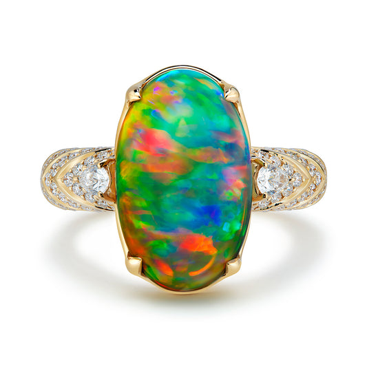 Indonesian Black Opal Ring with D Flawless Diamonds set in 18K Yellow Gold