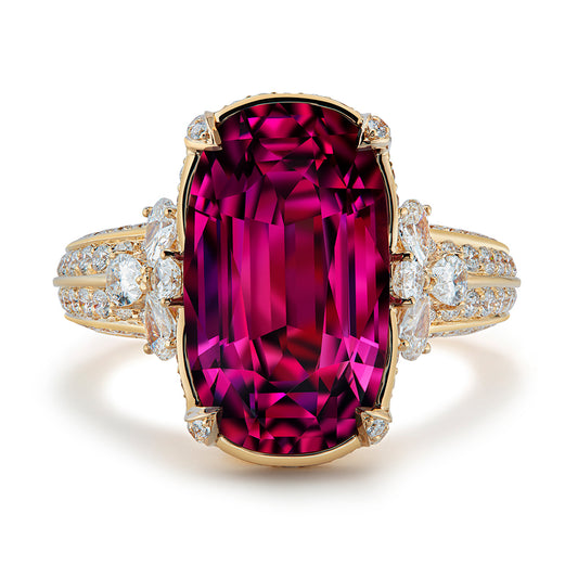 Magenta Garnet Ring with D Flawless Diamonds set in 18K Yellow Gold