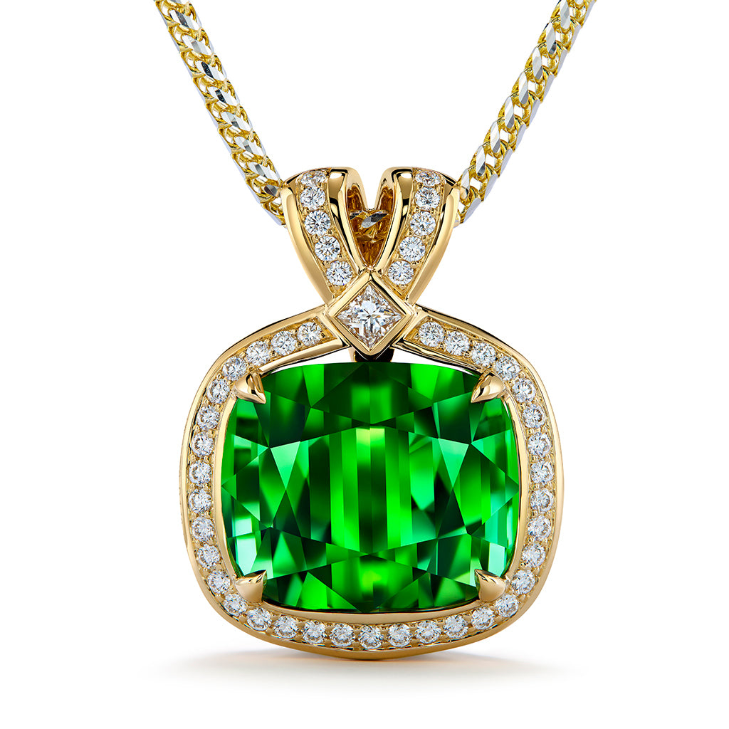 Vivid Green Tourmaline Necklace with D Flawless Diamonds set in 18K Yellow Gold