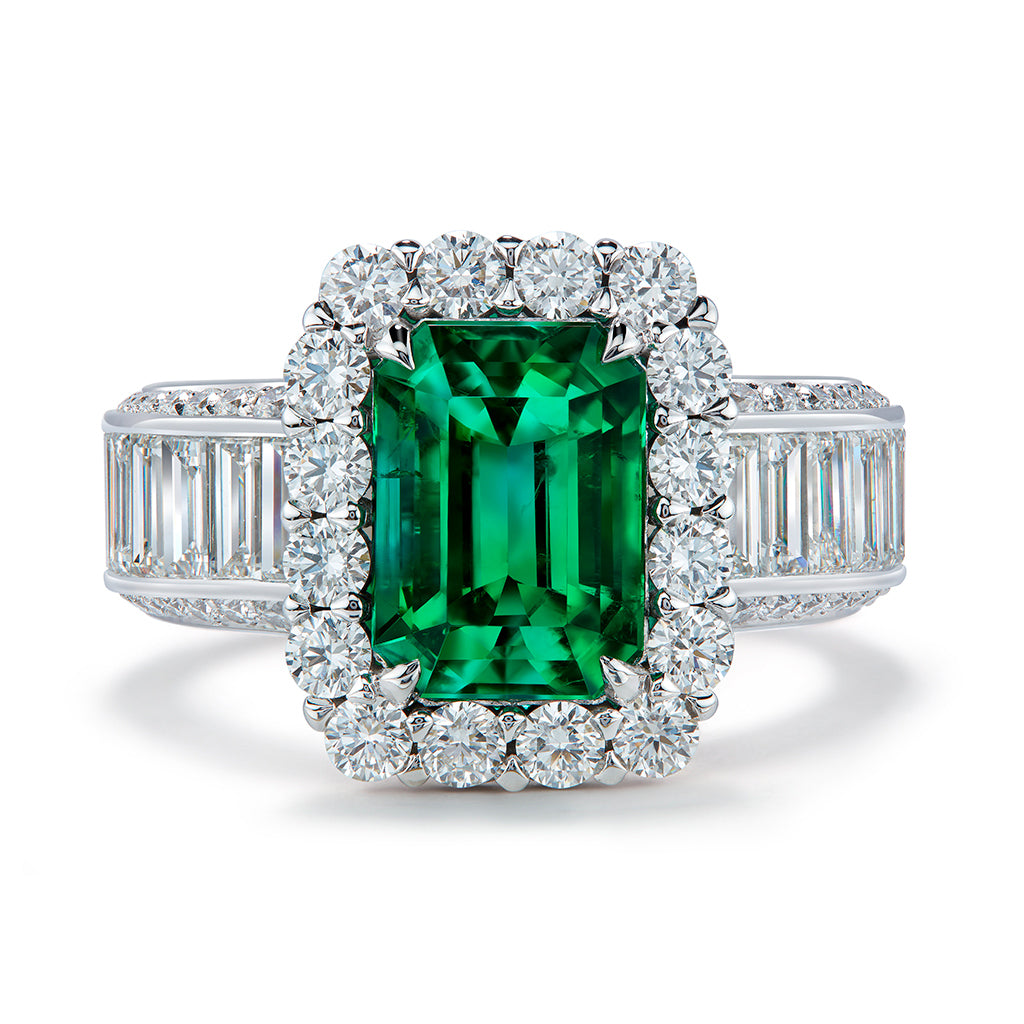 Old World Muzo Colombian Emerald Ring with D Flawless Diamonds set in 18K White Gold