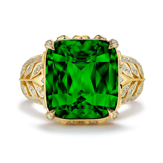 Vivid Green Zircon Ring with D Flawless Diamonds set in 18K Yellow Gold