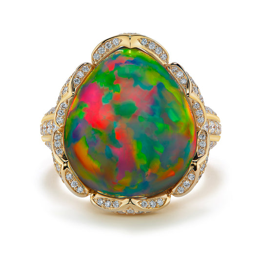 Indonesian Black Opal Ring with D Flawless Diamonds set in 18K Yellow Gold