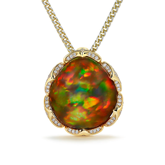 Indonesian Black Opal Necklace with D Flawless Diamonds set in 18K Yellow Gold