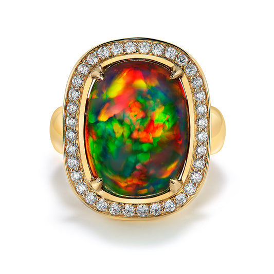 Indonesian Black Opal Ring with D Flawless Diamonds set in 18K Yellow Gold