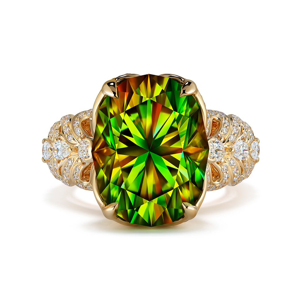 Russian Sphene Ring with D Flawless Diamonds set in 18K Yellow Gold