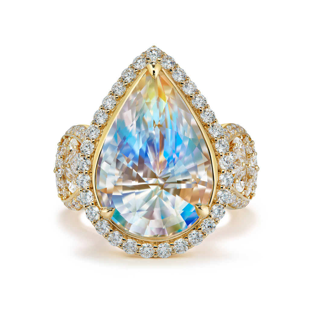 Rainbow Moonstone Ring with D Flawless Diamonds set in 18K Yellow Gold