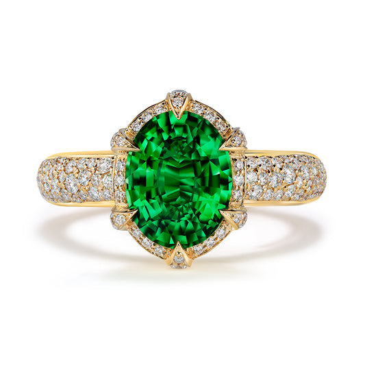 Neon Tsavorite Garnet Ring with D Flawless Diamonds set in 18K Yellow Gold