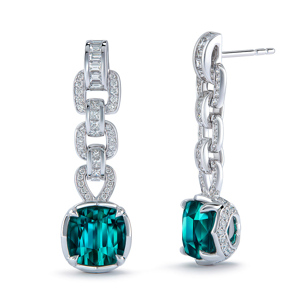 Afghan Lagoon Tourmaline Earrings with D Flawless Diamonds set in 18K White Gold