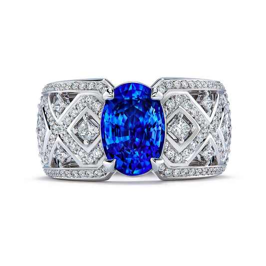 Unheated Ceylon Cornflower Blue Sapphire Ring with D Flawless Diamonds set in 18K White Gold